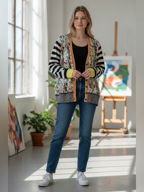 Eva & Claudi floral and striped button-down silk and cotton cardigan Sz XL